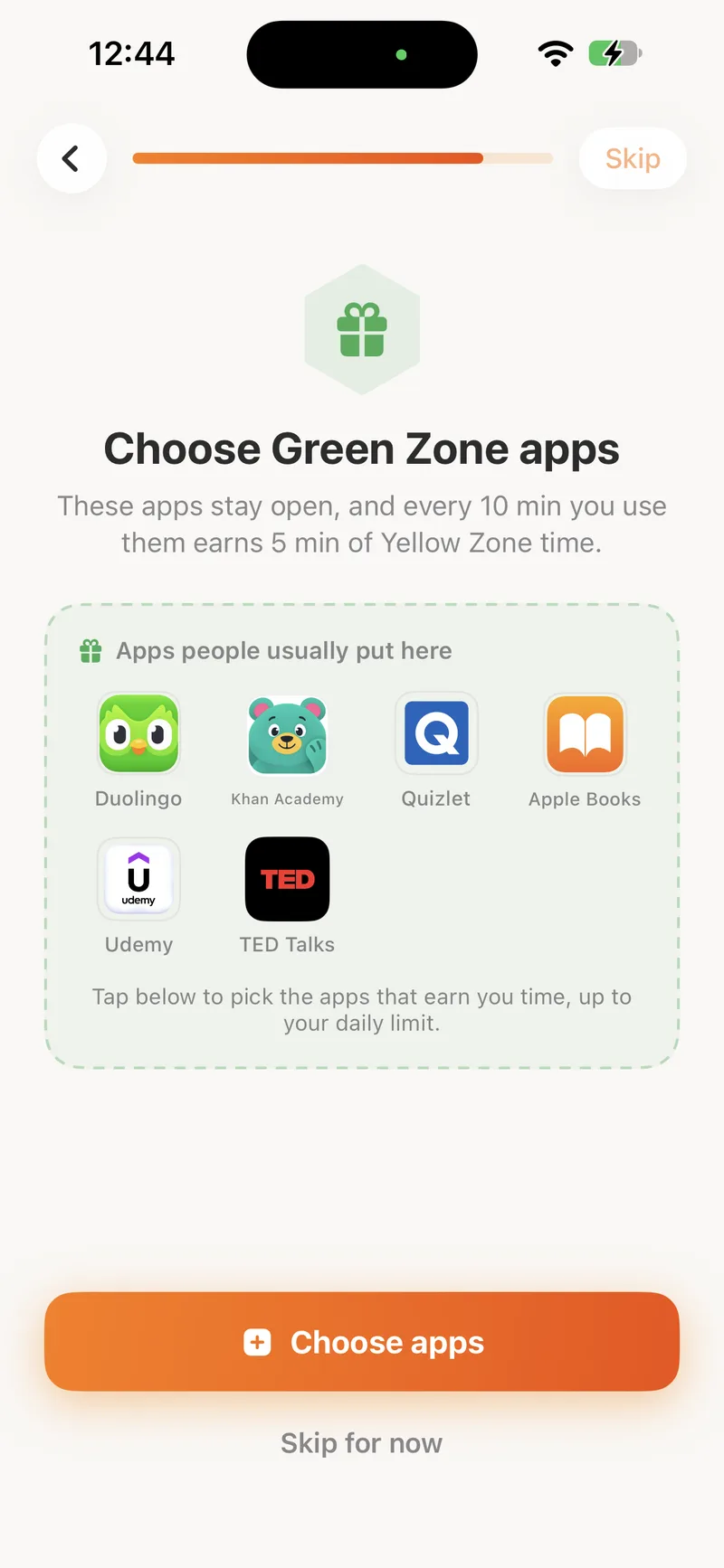 Choosing Green Zone apps during setup