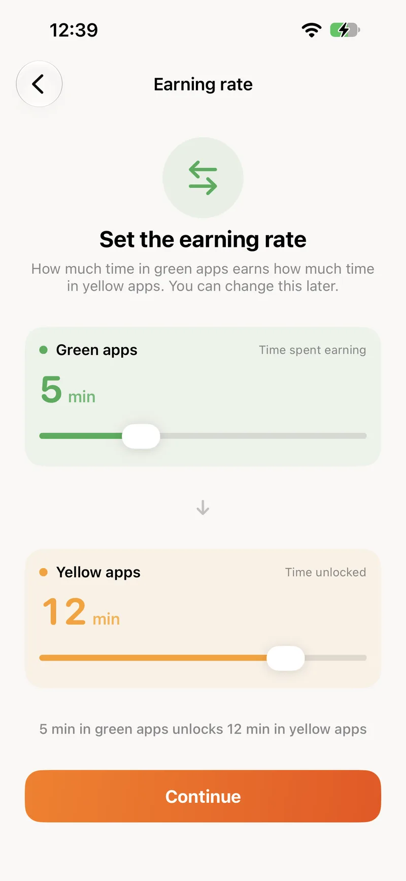 The earning rate screen in the BeeBright app with two sliders