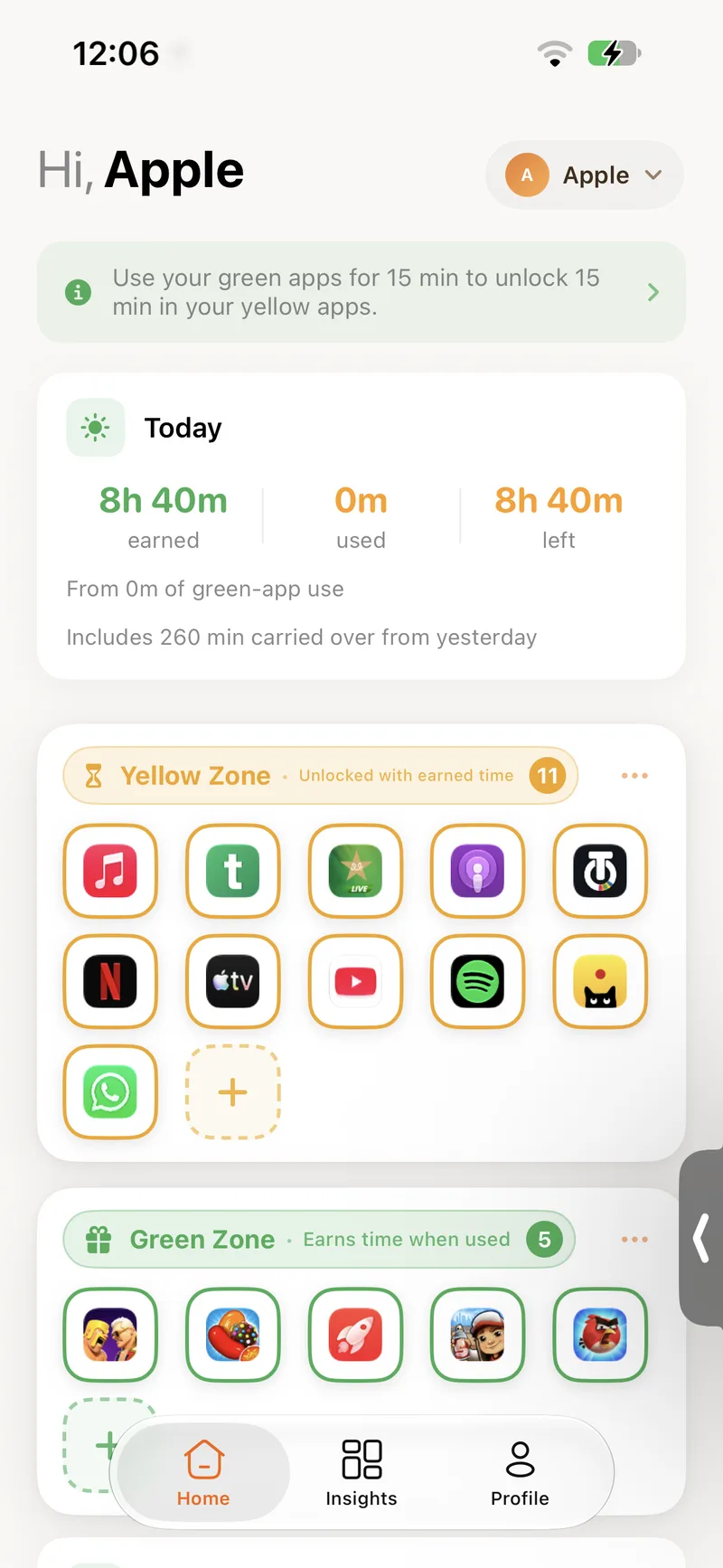 The home screen with today's balance