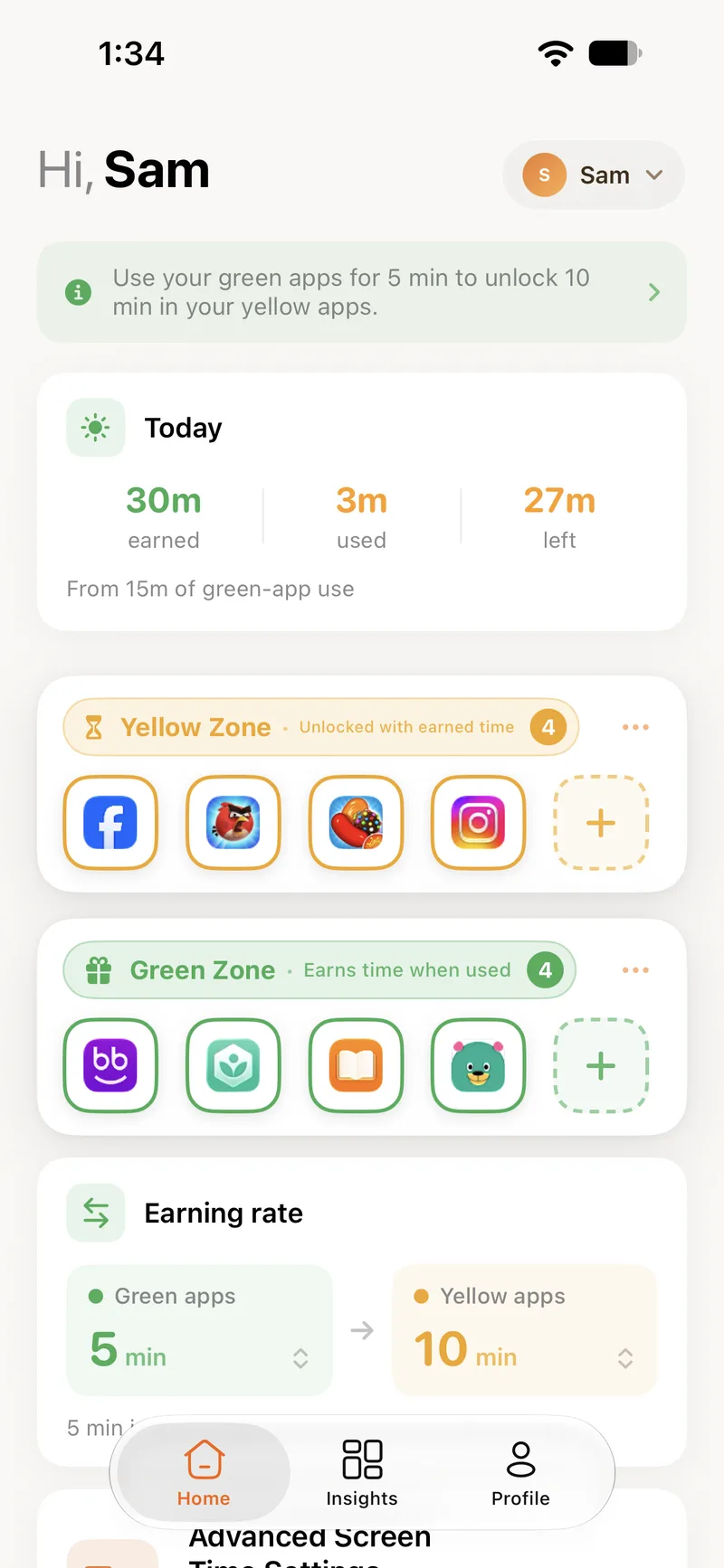 The BeeBright home screen showing today's earned, used and remaining minutes, and the yellow and green zones