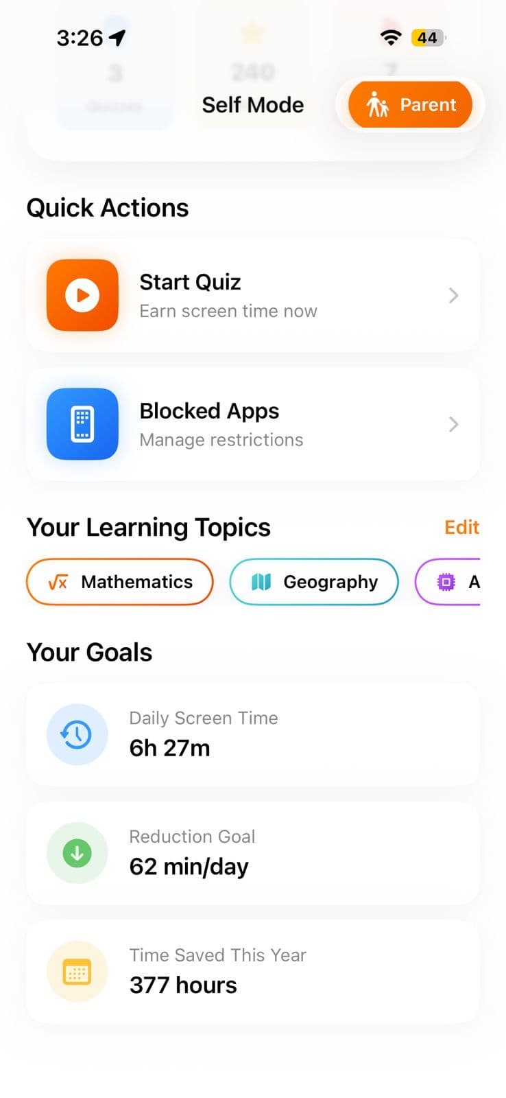 Screen time daily limits interface