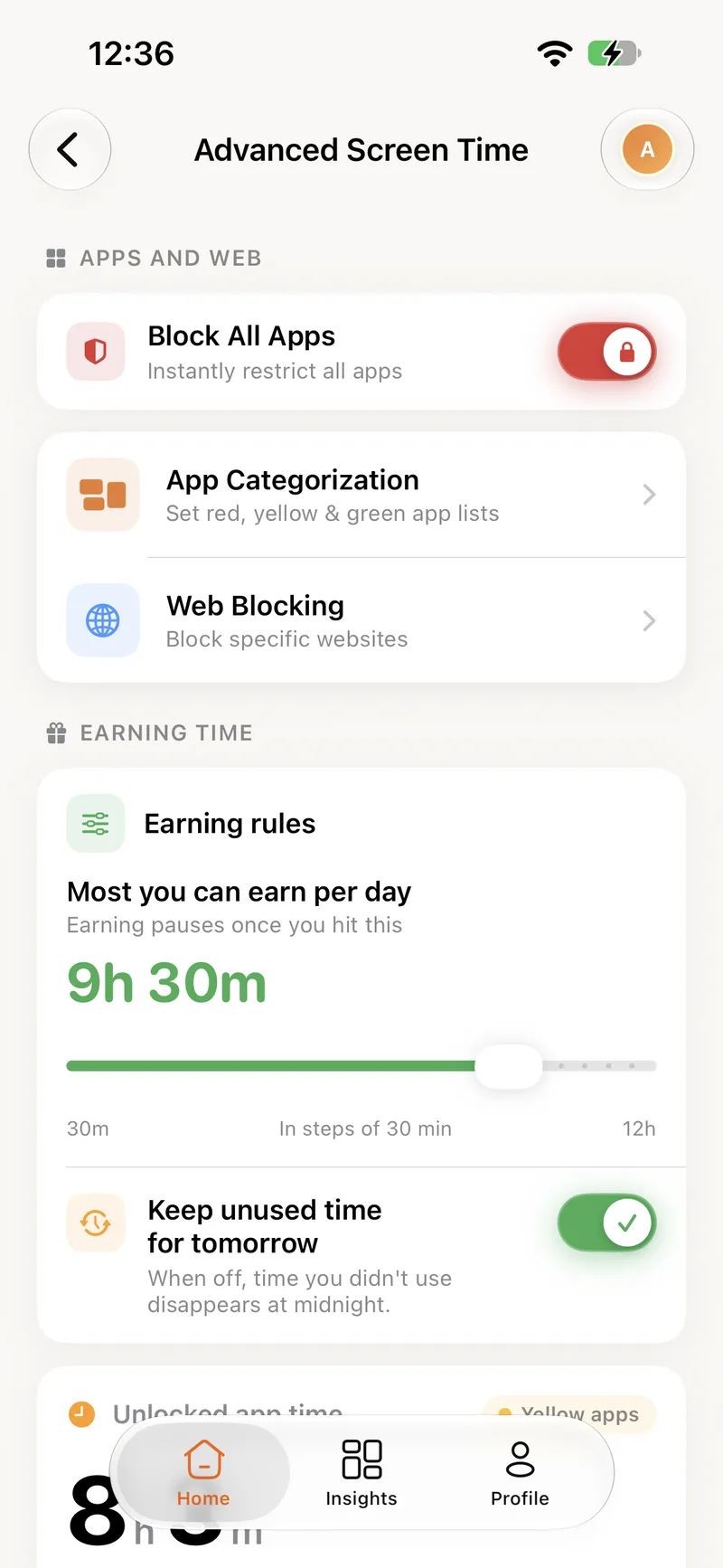The Advanced Screen Time screen with Block All Apps switched on