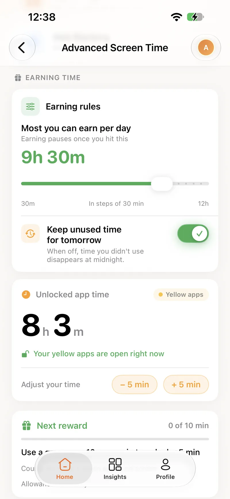 The Earning rules card with the daily cap slider