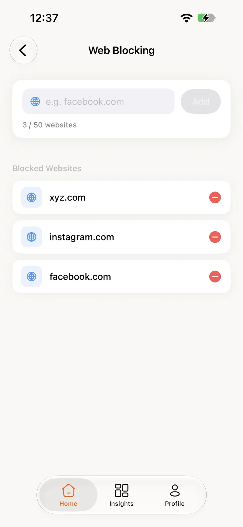 The Web Blocking screen